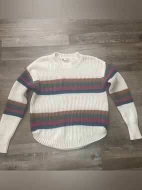 SO White Crewneck Sweater with Rust Teal and Plum Stripes